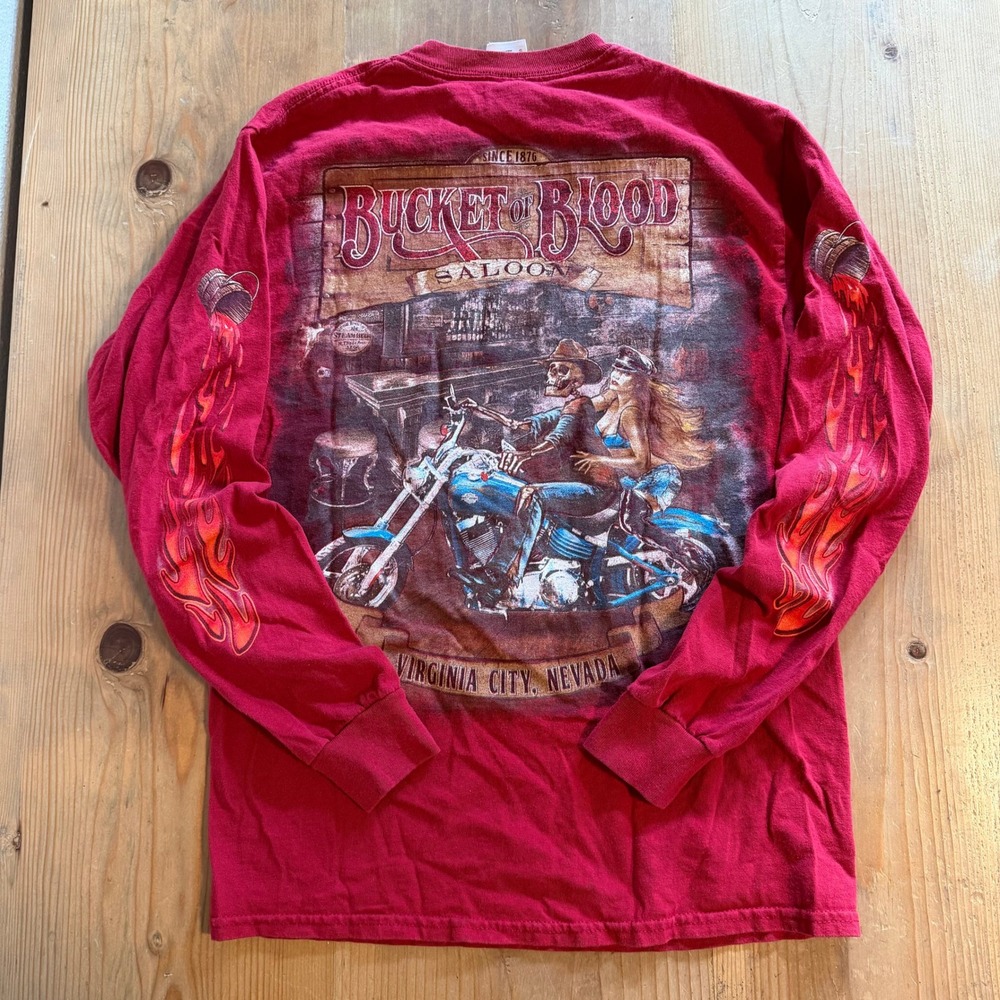 Bucket of Blood Saloon Virginia City Nevada Biker Long Sleeve Shirt Red Small